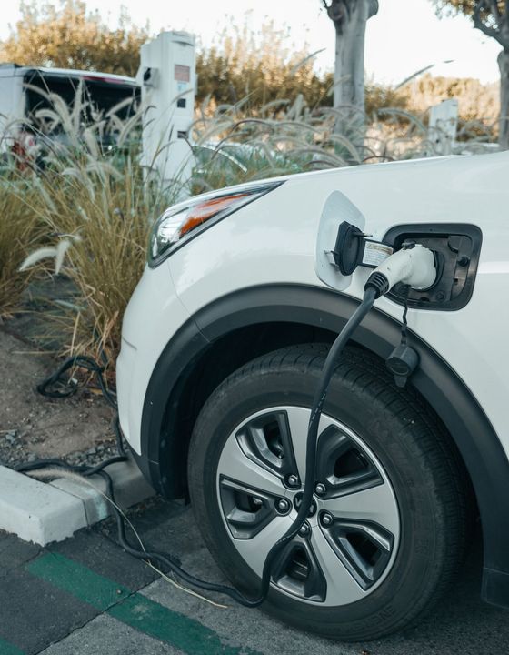 A white electric vehicle plugged in and charging beside a planted verge